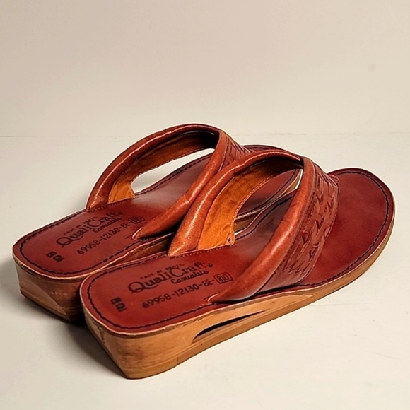 Vintage QualiCraft Brown Leather Wooden Flip Flop Thong Sandals Brazil 10 - Picture 6 of 13